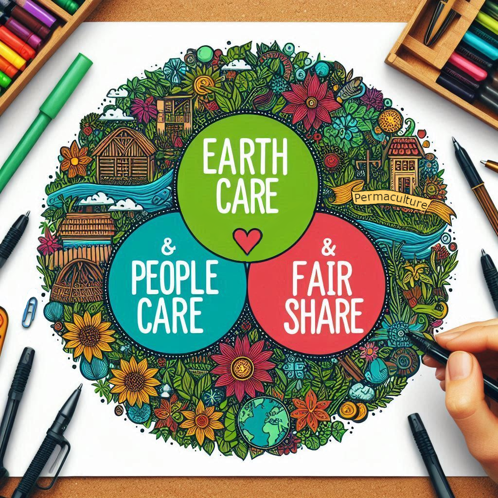 Ein Mandala über die 3 Permakultur Ethiken "Earth Care, People Care & Fair Share"