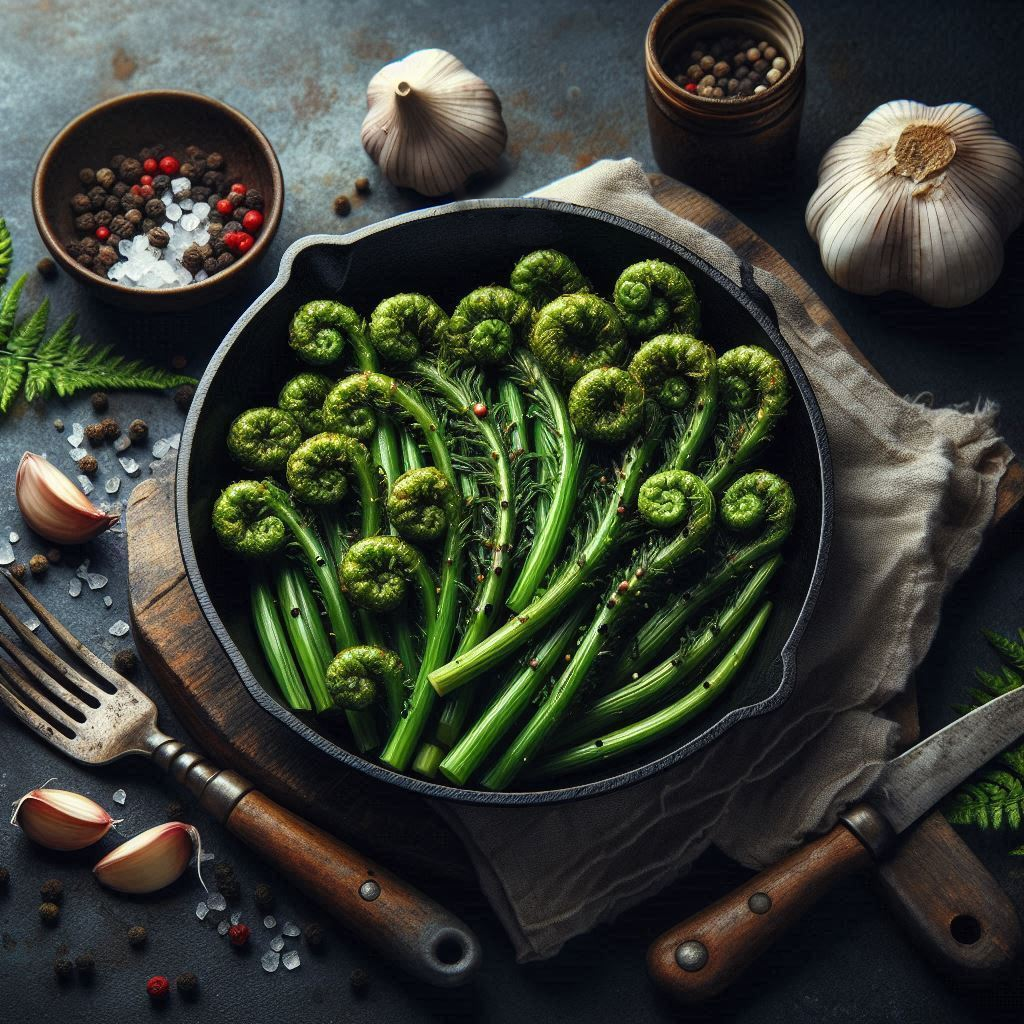 Fiddleheads Farnspitzen mit Knoblauch, Salz & Pfeffer in einer Gusseisenpfanne