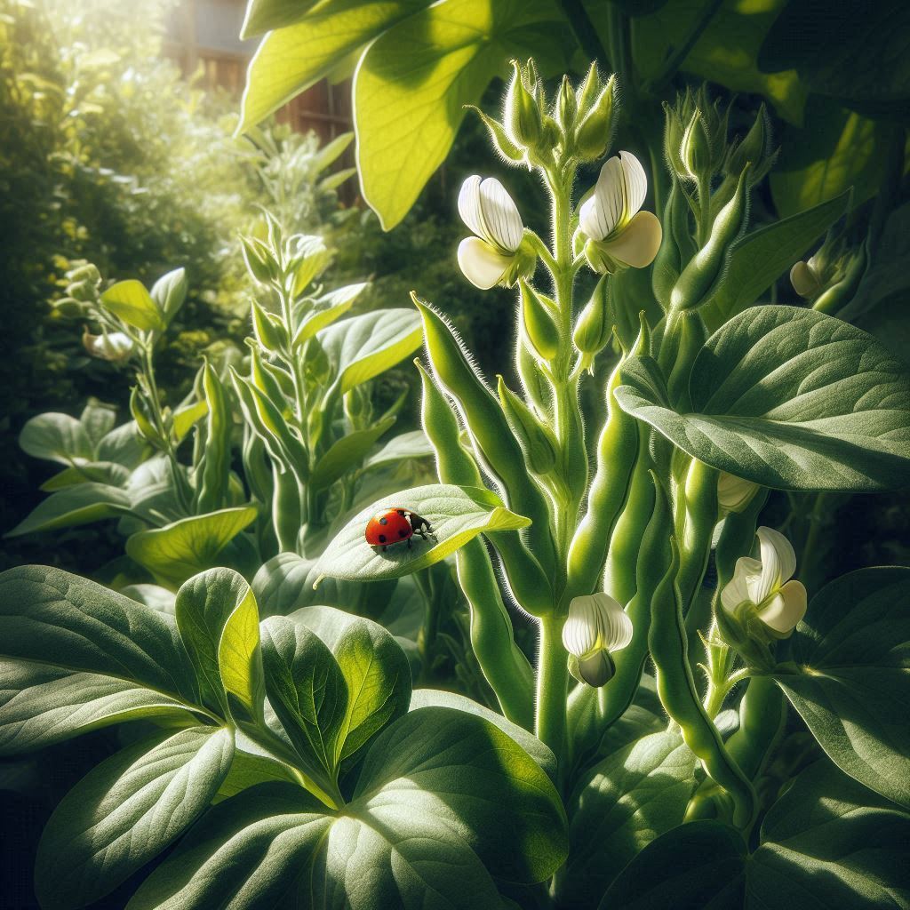 eine dicke Bohnen Pflanze mit Blüten und Hülsen in einem Garten