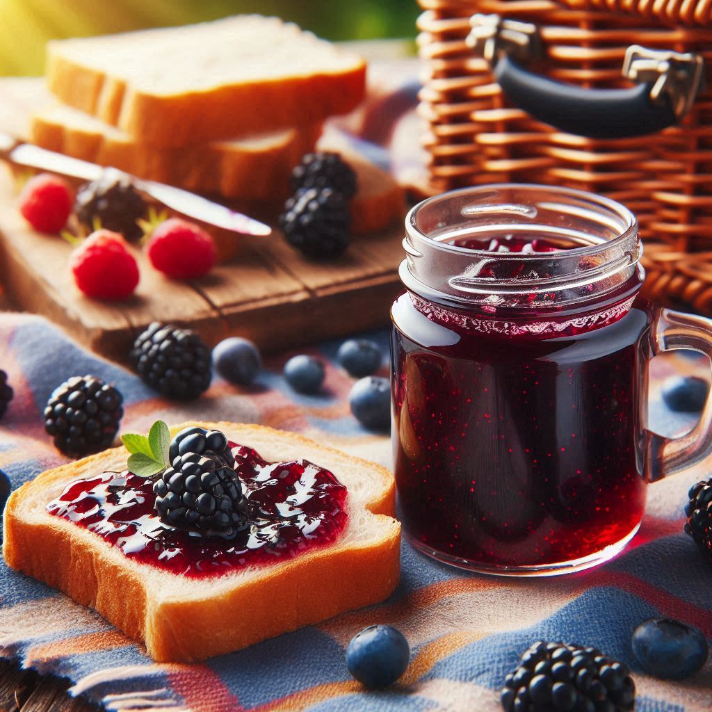 ein Brombeermarmelade-Glas auf einer Picknickdecke neben einem Marmeladenbrot