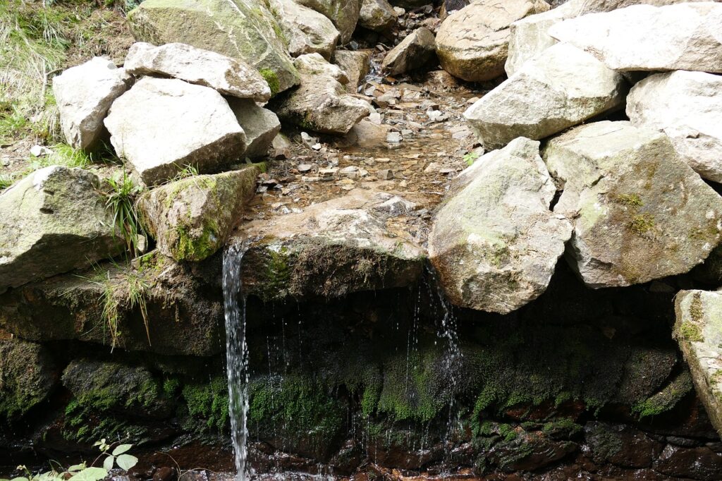 Ein kleiner Wasserfall fließt sanft über einen felsigen Hang und verleiht der Umgebung eine friedliche Atmosphäre.