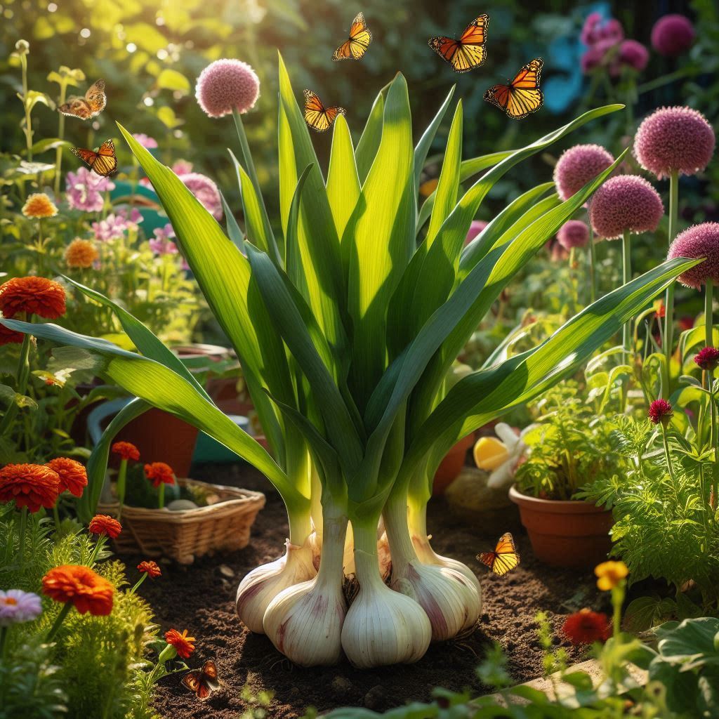 Knoblauchpflanzen in einem bunten Bauerngarten